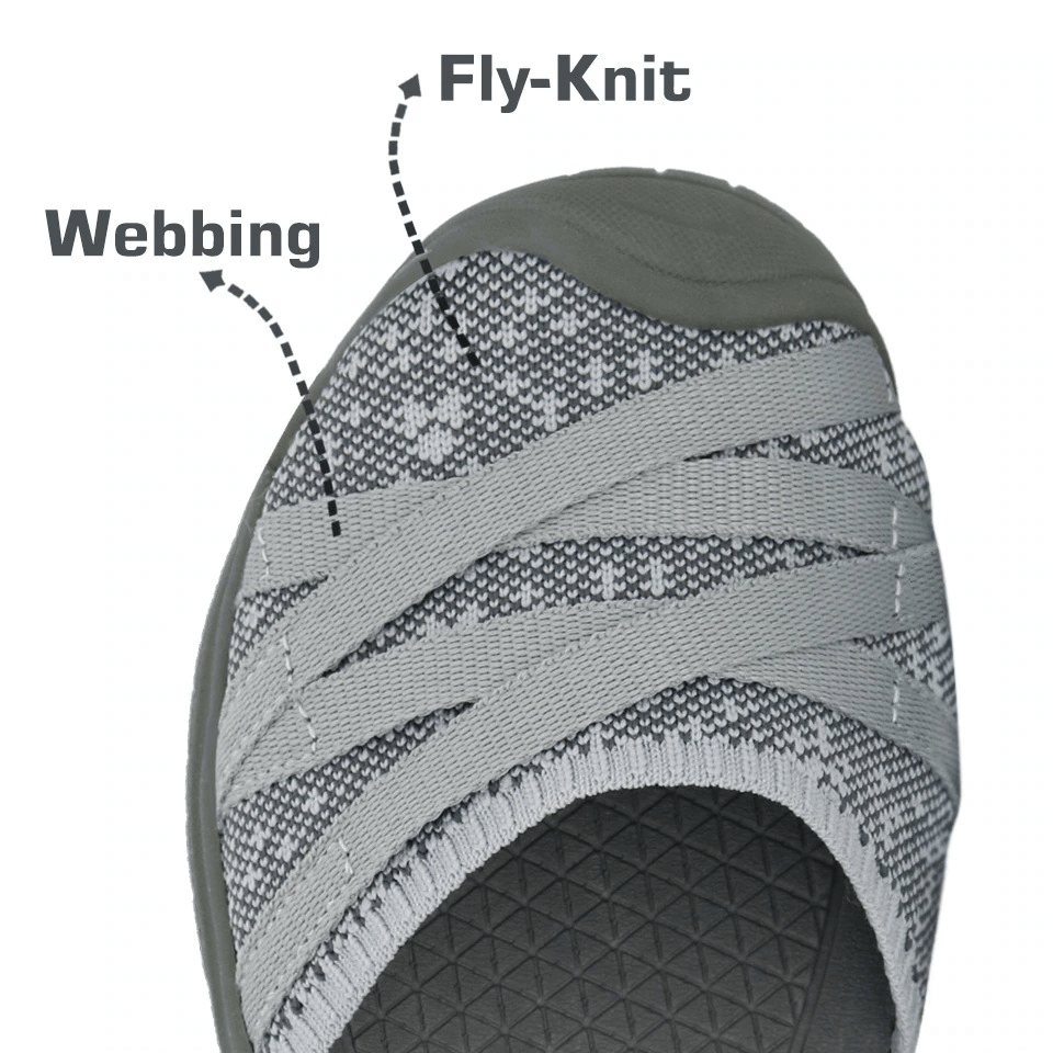 Top view of women's closed toe flat heel sandal with fly-knit webbing design, ideal for trekking and casual wear.